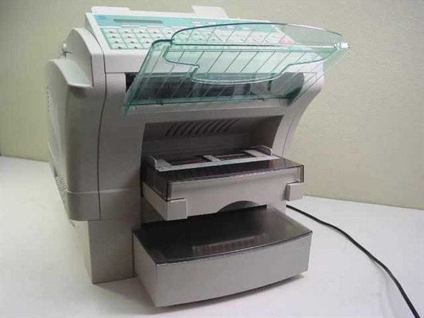 Minolta MinoltaFax 2800 right-side view showing two extended paper trays and document feeder tray raised, power cord visible at rear