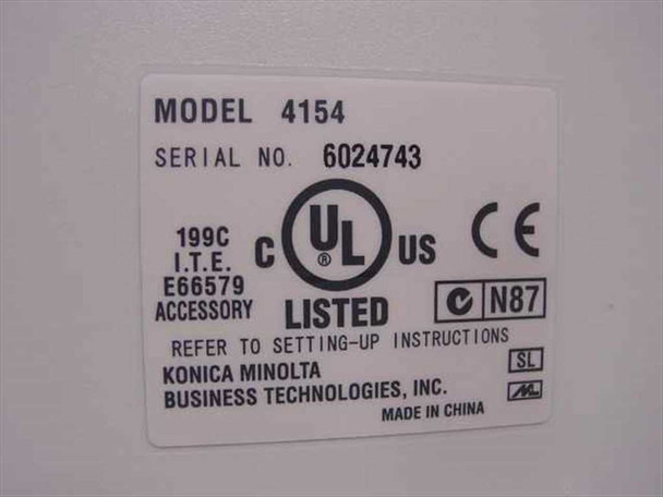 Minolta MinoltaFax 2800 model label showing Model 4154, Serial No. 6024743, UL Listed, CE mark, manufactured by Konica Minolta Business Technologies, Made in China