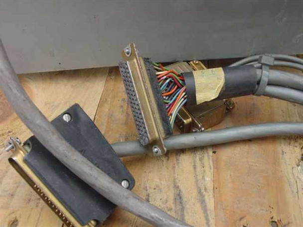 Close-up of large D-subminiature multi-pin connector assembly with multi-conductor cable on Oxberry 1500
