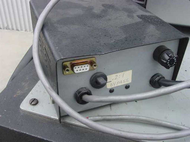 Rear of Modukrome or control module showing DB-9 connector, hand-labeled bypass switch, and rotary knobs