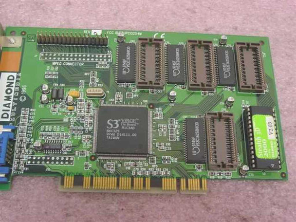 Diamond Stealth 3D 2000 PCB top view showing S3 Virge 86C325 GPU, MPEG connector label, memory chips, and Diamond branding