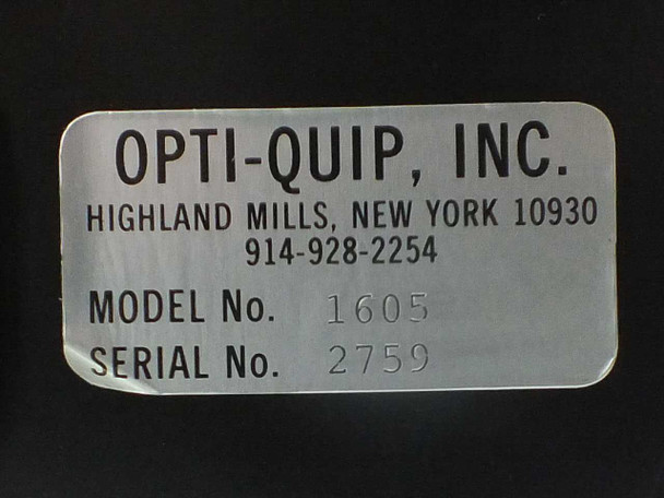 Opti-Quip Inc. manufacturer data plate — Model No. 1605, Serial No. 2759, Highland Mills New York