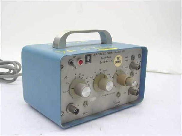 A.P. Circuit Corp AP-401 Band-Pass Band-Reject Filter — front panel view showing Q knob, frequency knob, BNC input, on/off switch, and carry handle