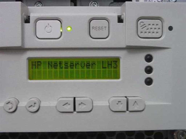 HP NetServer LH3r LCD operator panel displaying 'HP NetServer LH3' with power LED, reset button, and navigation keys