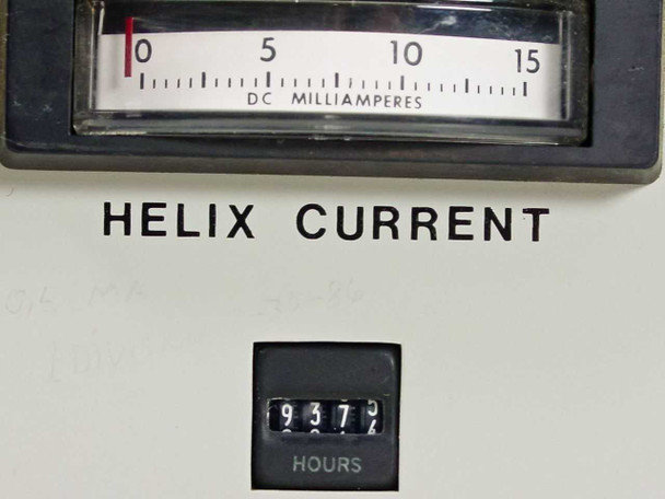 Close-up of Varian TWTA helix current meter (0–15 DC milliamperes scale) and hours counter reading 937 hours