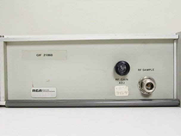 Varian VZC6961D7W1 side panel showing GIF 21860 asset tag label, RF GAIN ADJ trimmer, RF SAMPLE BNC connector, and RCA American Communications badge