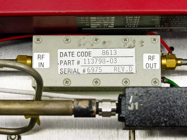 Interior TWT module label close-up: DATE CODE 8613, PART # 113798-03, SERIAL # 6975, REV. D — with RF IN and RF OUT connections visible