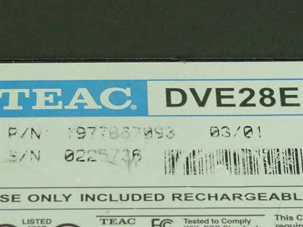 TEAC DVE28E close-up of bottom label clearly showing model DVE28E, P/N 1977867093, S/N 0225738, and date 03/01