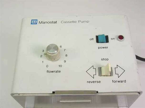 Manostat Cassette Pump 72-895-20-00 – top control panel close-up showing flowrate dial (0-10), power switch, and reverse/forward directional controls