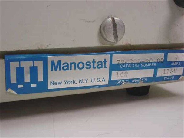 Manostat Cassette Pump 72-895-20-00 – bottom label showing catalog number 72-895-20-00, serial number 142, 115V, 1A rating, New York NY USA