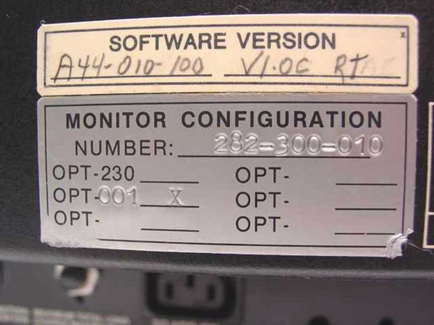 Mennen Medical Monitor 282 rear label — Software Version A44-010-100 V1.0C RT and Monitor Configuration Number 282-300-010, OPT-001 installed