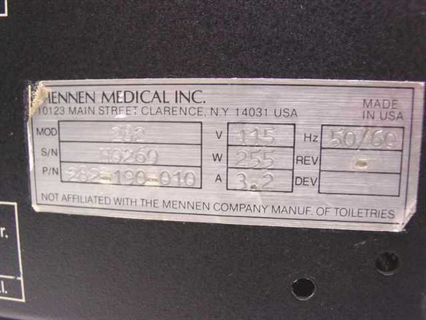Mennen Medical Inc. rating plate — Model 282, P/N 282-190-010, 115V, 255W, 3.2A, 50/60 Hz, Made in USA, Clarence NY