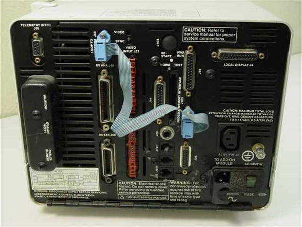Mennen Medical 282-390-010 – close-up of rear panel showing labeled ports: Telemetry INTFC, RS-232, Video, RS Analyzer, Local Display, and AC input module