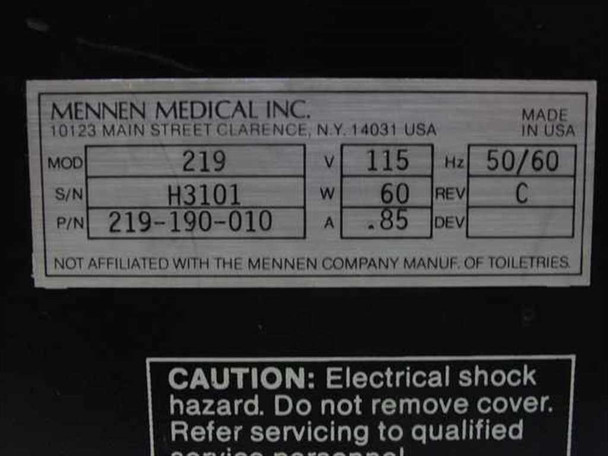 Mennen Medical Model 219 rating plate showing MOD 219, P/N 219-190-010, S/N H3101, 115V, 60W, 0.85A, 50/60Hz, Rev C, Made in USA
