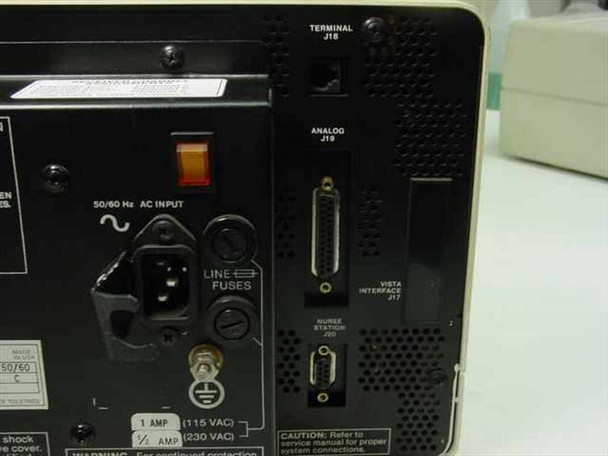 Mennen Medical MR-4200 rear panel detail showing Terminal J18, Analog J19, Vista Interface J17, Nurse Station port, AC input, line fuses, and power switch