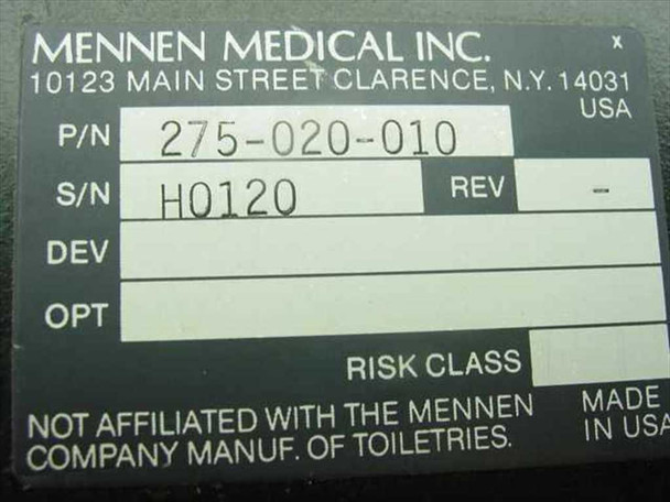 Mennen Medical Inc. 275-020-010 serial number label – P/N 275-020-010, S/N H0120, Made in USA, Clarence NY