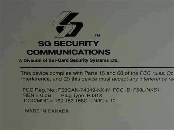 SG Security Communications label showing FCC Reg No. F53CAN-74349-KX-N, FCC ID F53LINKS1, RJ31X plug type, Made in Canada