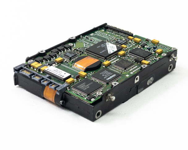 IBM 27H1698 4.5GB SSA Hard Drive DCHC – angled top view showing PCB with main controller and memory chips