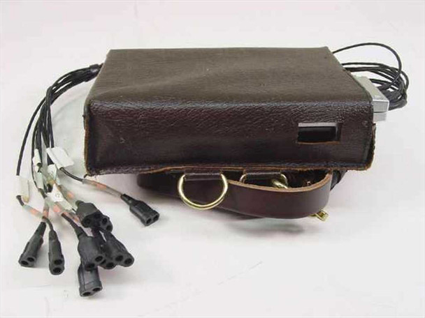 Oxford Medilog 9000 ambulatory sleep recorder in brown leather carry case with shoulder strap and brass D-ring, multi-lead harness attached