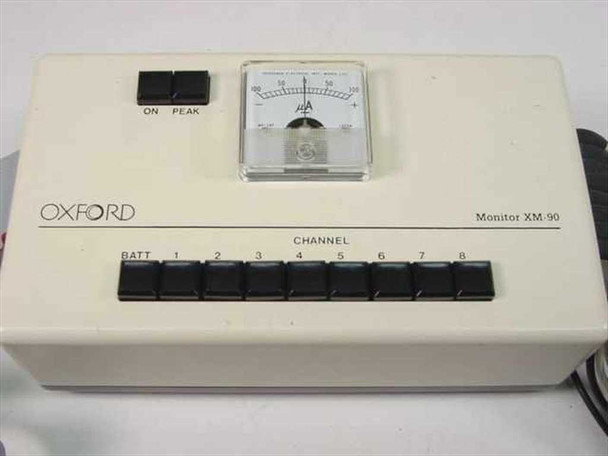 Oxford XM-90 8-channel monitor front panel showing ON and PEAK buttons, Shinohara microammeter gauge, BATT and channel 1-8 selector buttons