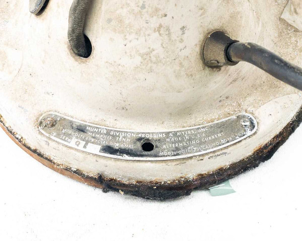 Robbins and Myers CG16 fan — underside of cast iron base showing Hunter Division nameplate with model and alternating current markings