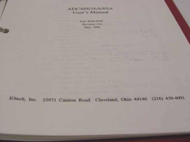 IOtech ADC488/16A/8SA User's Manual interior page with IOtech Inc. Cleveland Ohio address and publication details