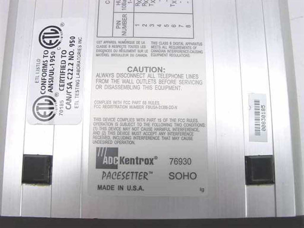 ADC Kentrox Pacesetter SOHO 76930 bottom label showing FCC registration, ETL certification, and Made in USA markings