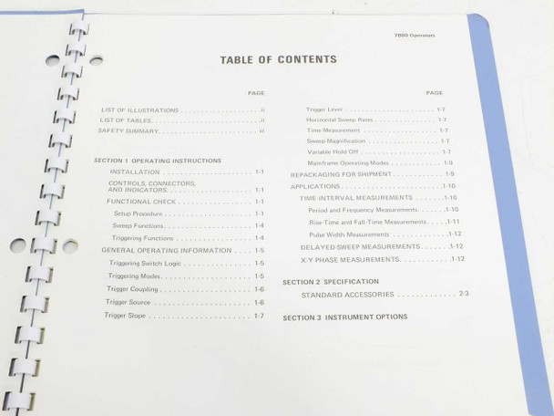 Tektronix 7B80 Instruction Manual — Table of Contents showing Section 1 Operating Instructions, Applications, Section 2 Specification, Section 3 Instrument Options
