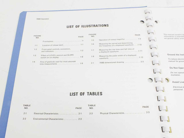 Tektronix 7B80 Instruction Manual — List of Illustrations and List of Tables pages, with safety information sidebar visible on right