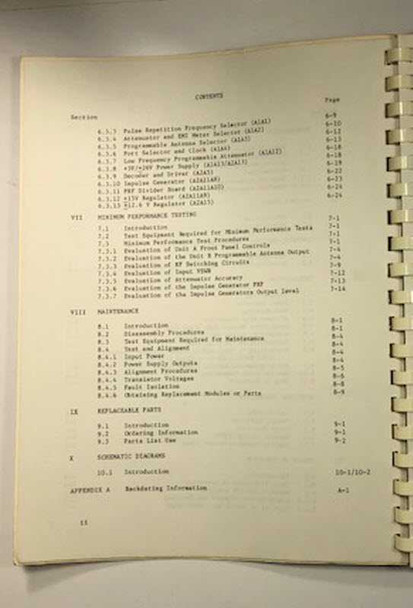 CIU-7 Instruction Manual table of contents showing sections VI through X including minimum performance testing, maintenance, replaceable parts, and schematic diagrams