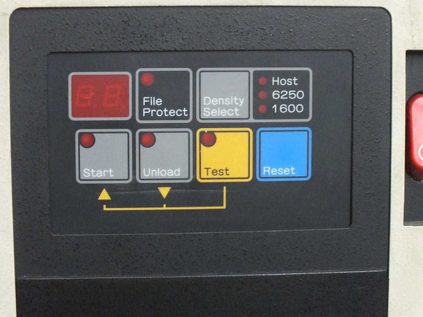 Fujitsu M2444AC control panel close-up showing File Protect, Density Select (6250/1600/Host), Start, Unload, Test, and Reset buttons with LED indicators