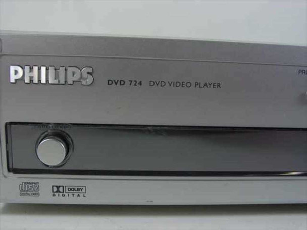 Philips DVD724 front panel close-up showing Philips logo, model label, disc tray, and Dolby Digital badge