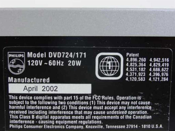 Philips DVD724/171 rating label showing model number, 120V 60Hz 20W, manufactured April 2002, Knoxville TN USA