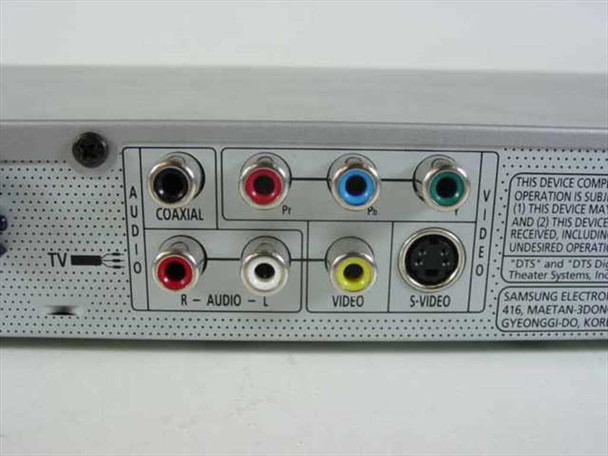 Samsung DVD-P241 rear port close-up – coaxial digital audio, component video (Pr/Pb/Y), stereo RCA audio, composite video, and S-Video jacks