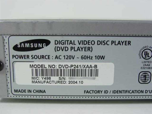 Samsung DVD-P241 bottom label – model DVD-P241/XAA-B, AC 120V 60Hz 10W, manufactured October 2004, made in China