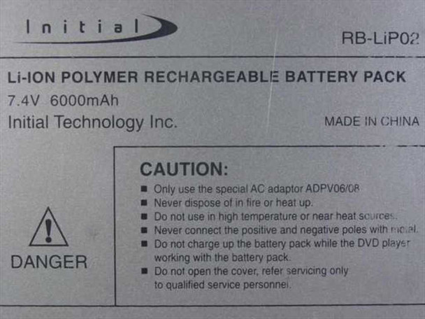 Initial Technology RB-LiP02 Li-Ion Polymer rechargeable battery pack label showing 7.4V 6000mAh rating and caution information