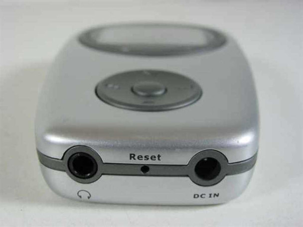 Bottom edge of Rave-MP Arc2.5/5.0 MP3 player showing 3.5mm headphone jack, Reset button, and DC IN port
