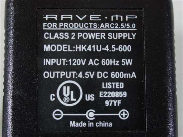 Rave-MP AC adapter label showing model HK41U-4.5-600, input 120V AC 60Hz 5W, output 4.5V DC 600mA