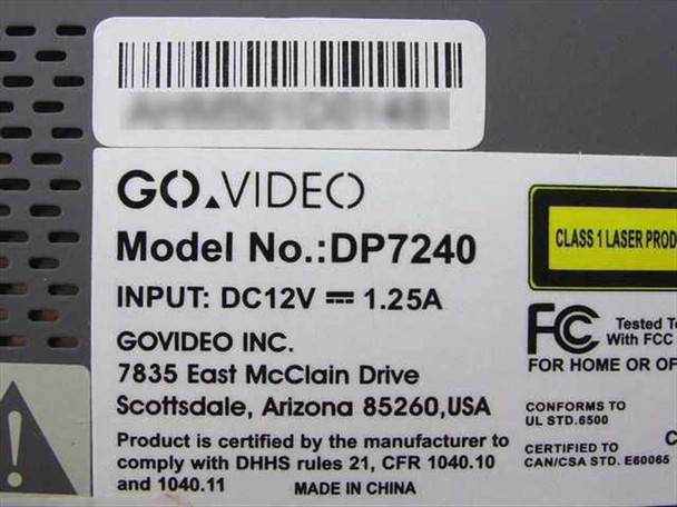 Go Video DP7240 rating label showing Model DP7240, DC 12V 1.25A input, FCC and UL certifications, made in China