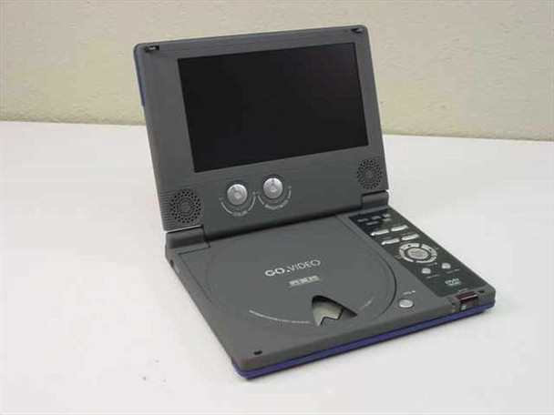 Go Video DP7240 portable DVD player open — 7-inch screen raised, disc tray visible, front panel controls and built-in speakers