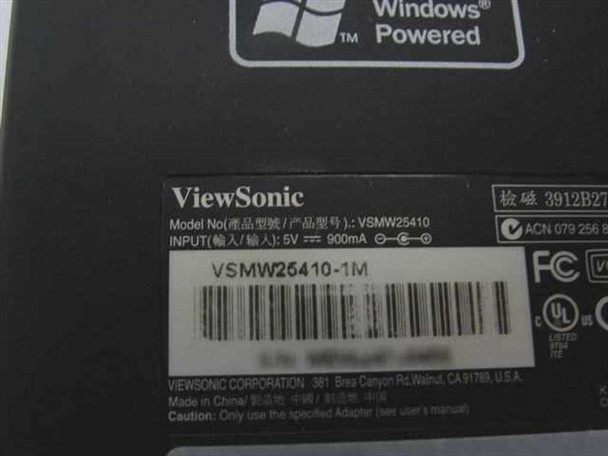 ViewSonic V35 label closeup – shows model VSMW25410, input 5V 900mA, VSMW25410-1M barcode, and Made in China text