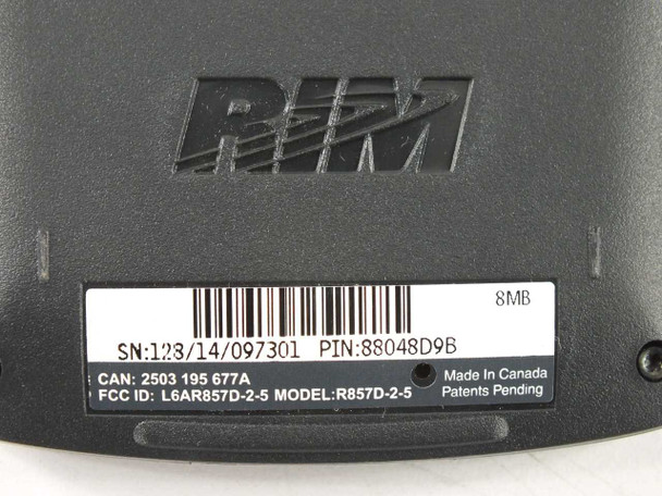RIM R857D-2-5 BlackBerry back label showing model R857D-2-5, 8MB, FCC ID, SN, PIN, Made in Canada