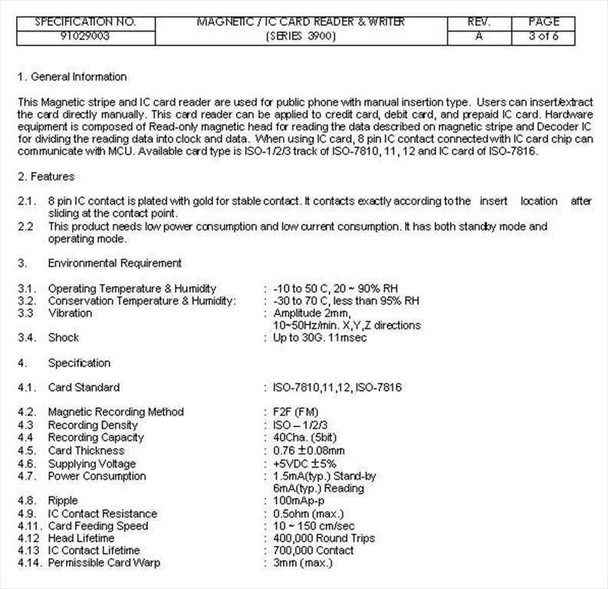 Semtek 3913 Series 3900 specification sheet page 3 — general info, features, environmental requirements, and full specification table