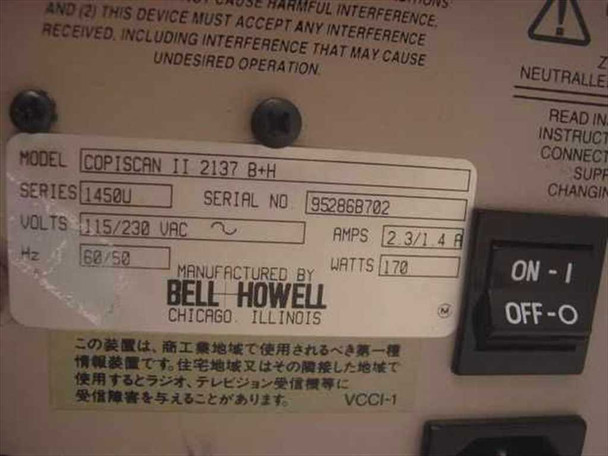 Bell Howell Copiscan II 2137 B+H rating plate showing Series 1450U, 115/230 VAC, 170W, manufactured in Chicago Illinois