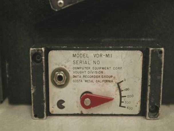 Data Recorder Group VDR-MII model plate closeup showing Computer Equipment Corp Vought Division markings and 100-400 fps speed selector scale with red pointer