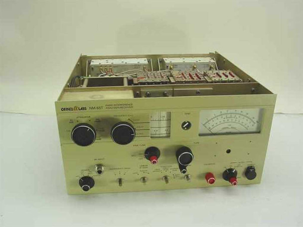 Carnel Labs NM-65T EMI Radio Interference Analyzer Receiver – front panel view showing attenuator knobs, frequency dial, and analog meter; top cover removed exposing internal RF modules