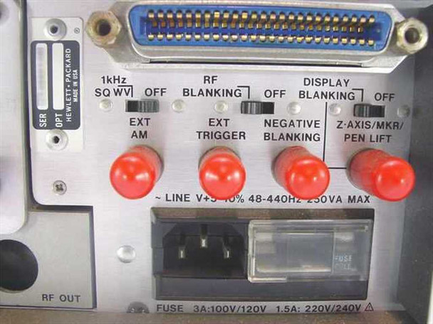 HP 8620C rear right panel close-up showing parallel connector, rear switches (1kHz SqWV, RF Blanking, Display Blanking), EXT AM/Trigger/Negative Blanking controls, and power spec label: 100/120V 3A, 220/240V 1.5A, 48–440Hz, 250VA Max