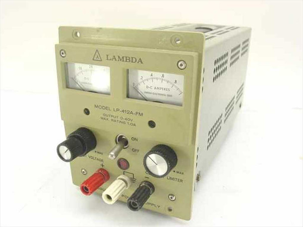 Lambda Electronics LP-412A-FM regulated DC power supply – front panel view showing dual analog meters, output voltage and current limiter knobs, ON/OFF switch, and banana binding posts