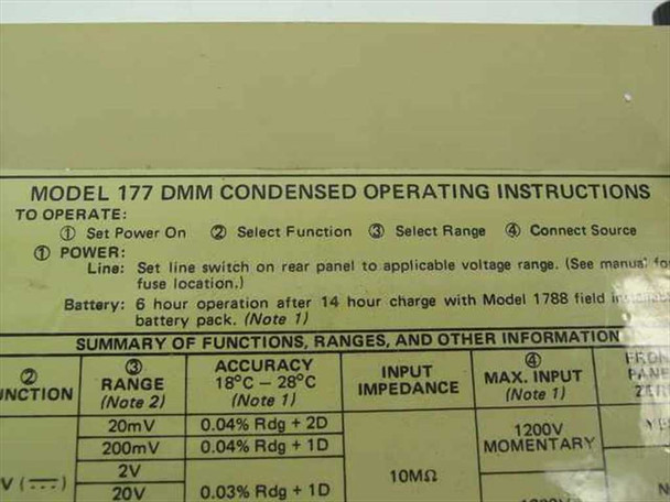 Keithley 177 DMM condensed operating instructions label — summary of functions, ranges, accuracy specs, and input impedance table visible on bottom of unit