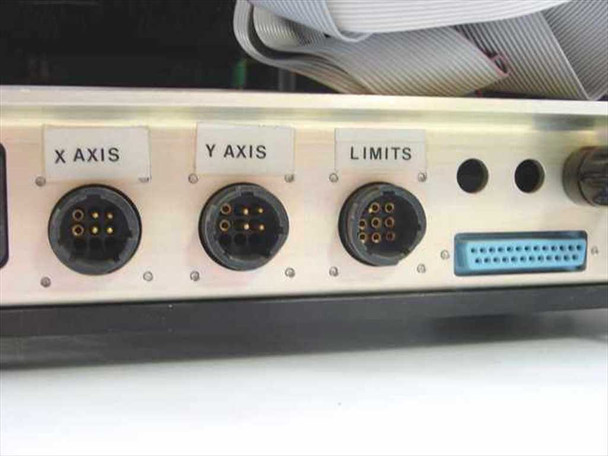 Laurier X/Y Position Controller rear connector panel showing X Axis, Y Axis, and Limits circular multi-pin connectors and DB25 parallel connector